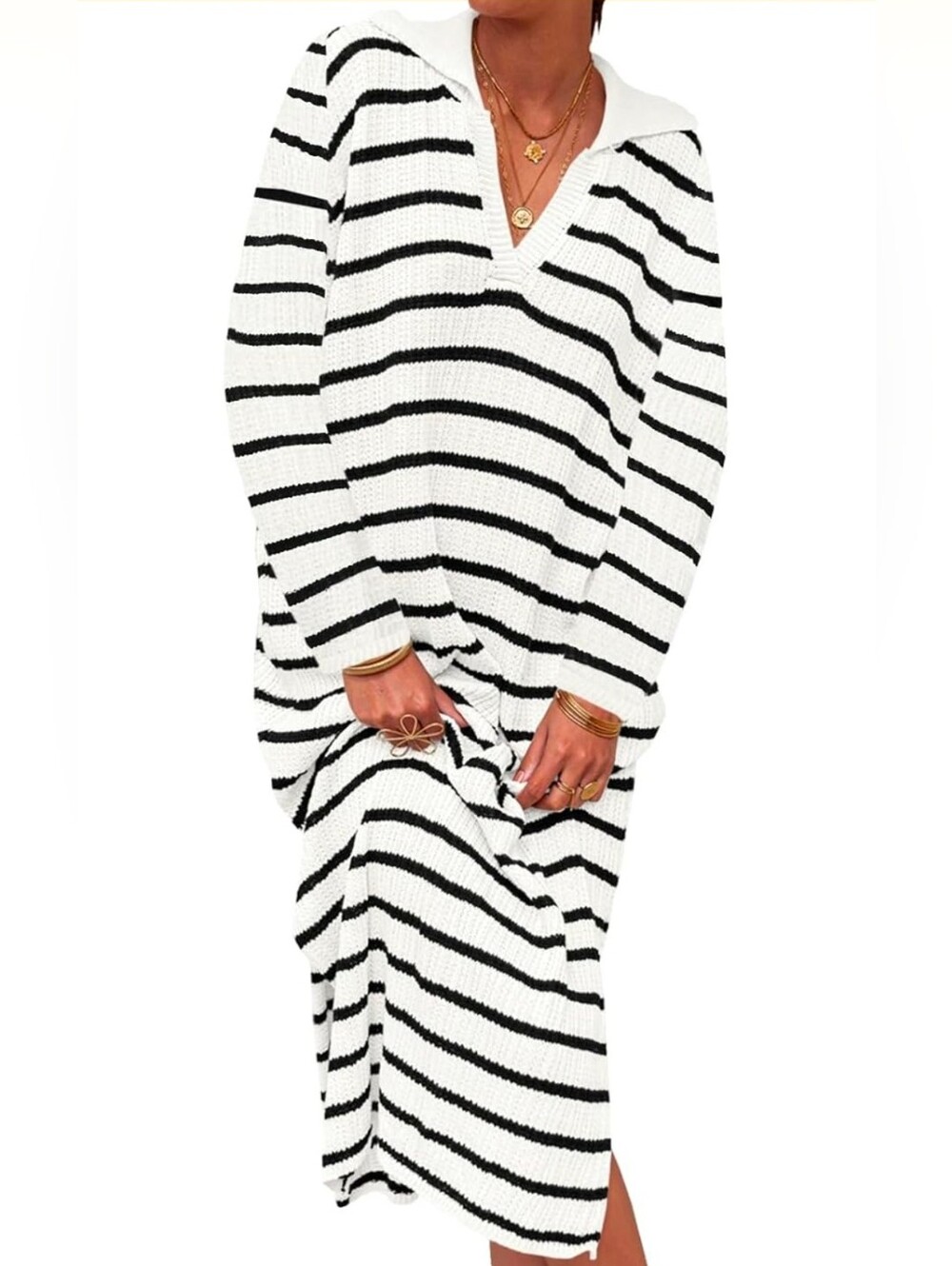Striped V-Neck Maxi Sweater Dress in White and Black